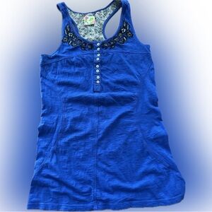 Free People Blue Henley Style Tank Top with Embroidered Neckline Button Detail
